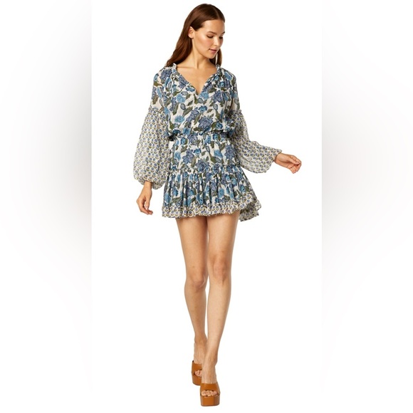 NWT MISA Los Angeles Elisabetta Chic Boho Blue White Floral Blouson Mini Dress - Picture 2 of 10